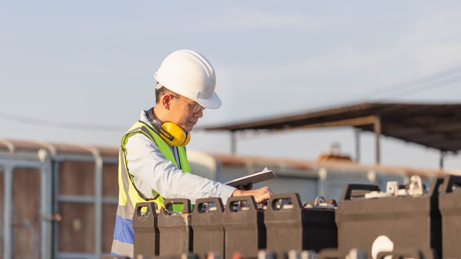 A clean tech worker wearing safety equipment conducts field operations at a renewable energy site, inspecting infrastructure and monitoring equipment in an outdoor environment