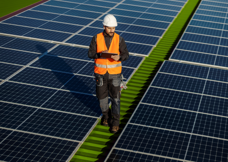 Solar technician installing a photovoltaic panel on a rooftop