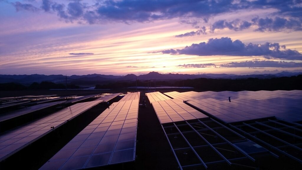 Solar PV module manufacturing panels at sunset in Europe