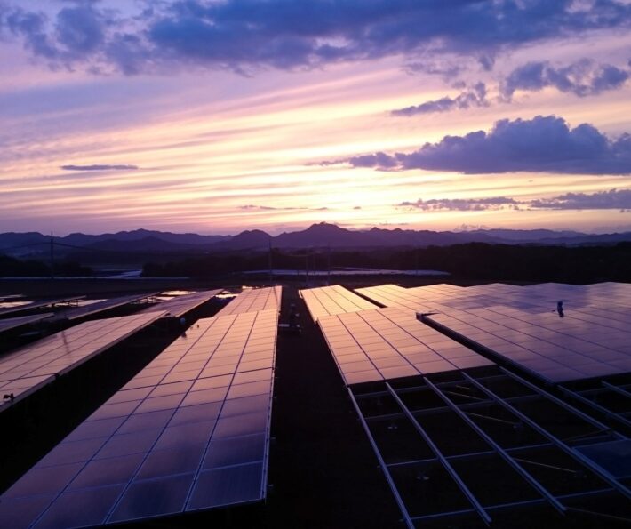 Solar PV module manufacturing panels at sunset in Europe