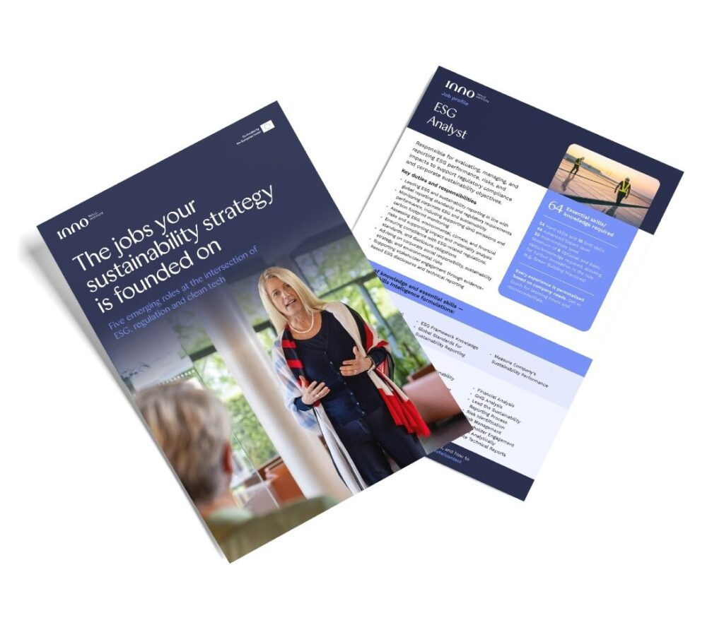 Cover of the InnoEnergy Skills Institute guide on sustainability strategy roles in ESG, regulation and clean tech
